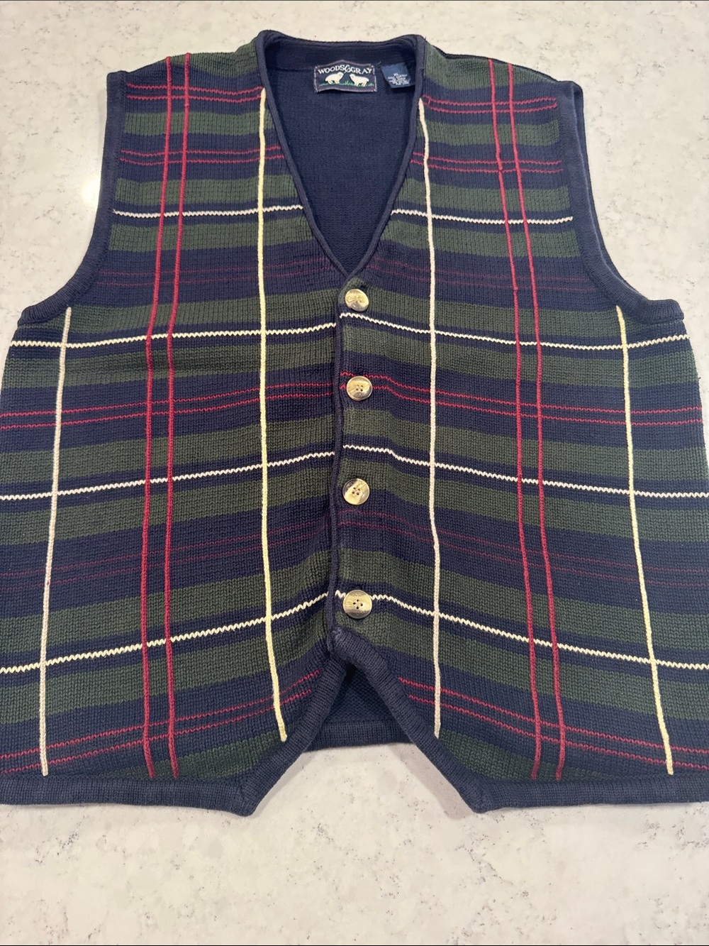 Woods & Gray Cotton Plaid Button-Up Knit Sleeveless Sweater Vest Navy Striped